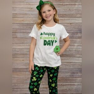 St. Patrick's Day Glitter Top  with Shamrock Leggings And Headband Kids Size 7
